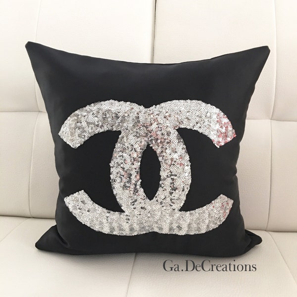 Throw Black  Red White Sequins Chanel Pillow Cover, Silver Black  White Decorative Pillow, Chanel  Metallic Pillowcases