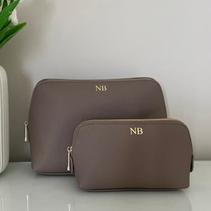 Personalised monogram makeup bag, personalised bridesmaid bag, leather look makeup bag, personalised toiletry bag, beige neutral decor image 1