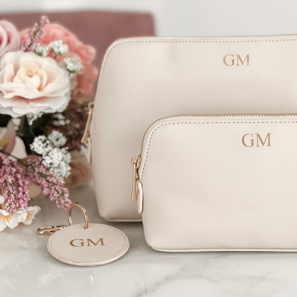 Personalised monogram makeup bag, personalised bridesmaid bag, leather look makeup bag, personalised toiletry bag, beige neutral decor