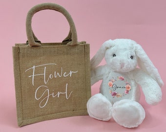 Flower Girl Gift, Personalised flower girl teddy and jute gift bag set, Page boy gift, personalised wedding party gift set with bunny