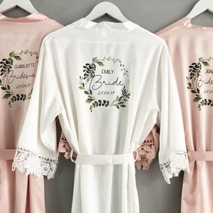 Personalised Bridesmaid robes, Wedding Dressing Gown, foliage floral Bridal robe, Robes, Satin Wedding Robe, grey bridal Robe, bridal robe image 5