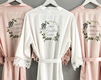 Personalised Bridal robe, Wedding Dressing Gown, wreath foliage floral Bridal robes, Robes, Satin Wedding Robe, Blush Pink Robe, bridesmaid