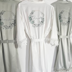 Personalised Bridal robe, Wedding Dressing Gown, wreath foliage floral Bridal robes, Robes, Satin Wedding Robe, Blush Pink Robe, bridesmaid image 4