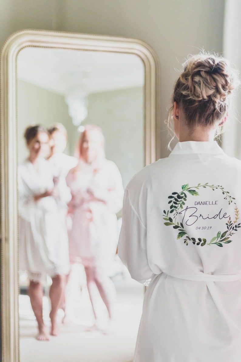 Personalised Bridal robe, Wedding Dressing Gown, wreath foliage floral Bridal robes, Robes, Satin Wedding Robe, Blush Pink Robe, bridesmaid image 9