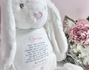 Fleur fille page garçon personnalisé lapin nounours cadeau, message de remerciement, peluche peluche page garçon, nouveau cadeau de bébé
