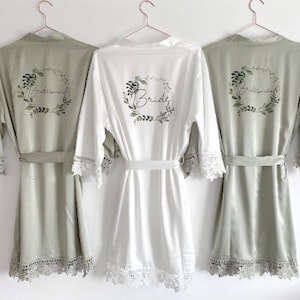 Personalised Bridesmaid robes, Wedding Dressing Gown, foliage floral Bridal robe, Robes, Satin Wedding Robe, grey bridal Robe, bridal robe image 7