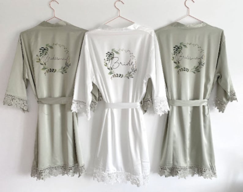 Personalised Bridesmaid robes, Wedding Dressing Gown, foliage floral Bridal robe, Robes, Satin Wedding Robe, grey bridal Robe, bridal robe image 7