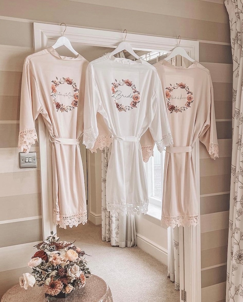 Personalised Bridal robe, Wedding Dressing Gown, wreath foliage floral Bridal robes, Robes, Satin Wedding Robe, Blush Pink Robe, bridesmaid image 8