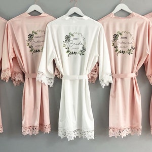 Personalised Bridal robe, Wedding Dressing Gown, wreath foliage floral Bridal robes, Robes, Satin Wedding Robe, Blush Pink Robe, bridesmaid image 6