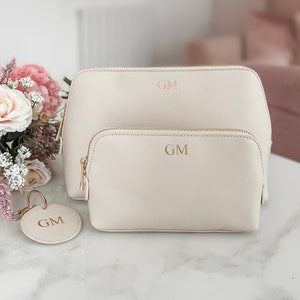 Personalised monogram makeup bag, personalised bridesmaid bag, leather look makeup bag, personalised toiletry bag, beige neutral decor