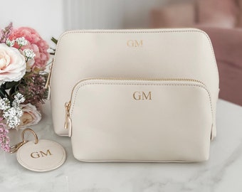 Personalised monogram makeup bag, personalised bridesmaid bag, leather look makeup bag, personalised toiletry bag, beige neutral decor