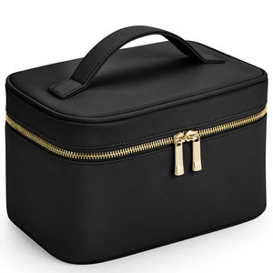 black personalised vanity case makeup bag with gold zip