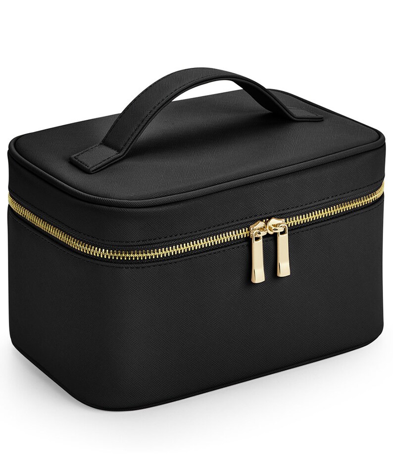 black personalised vanity case makeup bag with gold zip