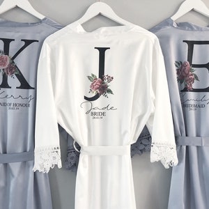 Personalised Bridal robe, Wedding Dressing Gown, initial floral Bridal robe, Robes, Satin Wedding Robe, grey bridal Robe, bridesmaid robe