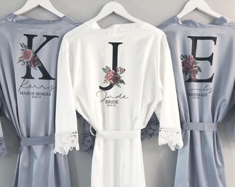 Personalised Bridal robe, Wedding Dressing Gown, initial floral Bridal robe, Robes, Satin Wedding Robe, grey bridal Robe, bridesmaid robe