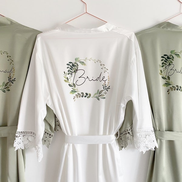 Bridesmaid robe, sage green satin personalised bridal robe, wedding robe, bridesmaid dressing gown, gift for bride, bride to be robe