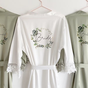 Personalised Bridesmaid robes, Wedding Dressing Gown, foliage floral Bridal robe, Robes, Satin Wedding Robe, grey bridal Robe, bridal robe