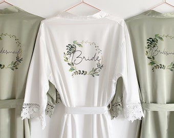 Personalised Bridesmaid robes, Wedding Dressing Gown, foliage floral Bridal robe, Robes, Satin Wedding Robe, grey bridal Robe, bridal robe