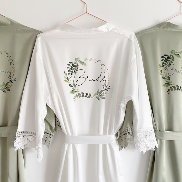 Robes de demoiselle d'honneur personnalisées, robe de chambre de mariage, robe de mariée florale feuillage, peignoirs, robe de mariée en satin, robe de mariée grise, robe de mariée