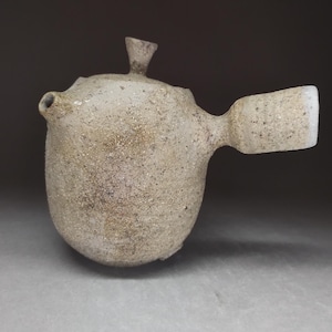 Può includere: Una teiera con manico laterale, corpo arrotondato e bulboso e una finitura in ceramica beige testurizzata e maculata. La teiera presenta un piccolo beccuccio, un coperchio con pomello centrale e un manico cilindrico che si estende lateralmente.
