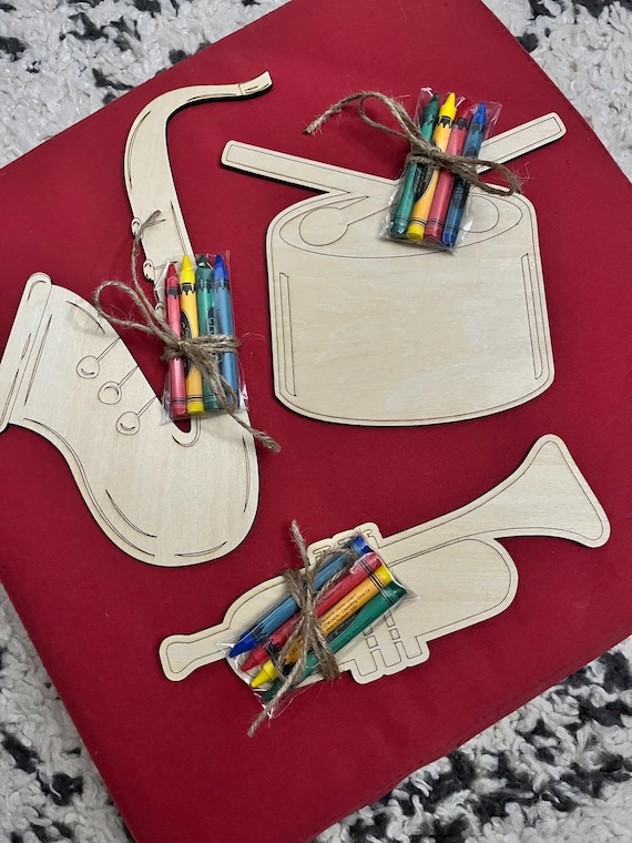 Musical instrument party favors ,  birthday fun coloring boards   With crayons (set of 3) wood customizable for music class fun party decor