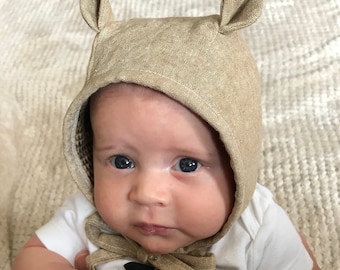 Baby hat/bear ears baby hat/brown bear cap/reversible baby bonnet/bear baby bonnet/bear hat/baby bear hat/reversible bonnet/bear hat