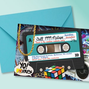 May include: A teal and black cassette tape with a gold chain around it. The tape has the text "Fall 1999 Mixtape" and "Back to the nineties costume party". The text "Sunday, October 29th" is written in black marker. The text "600 Maryland Avenue, Bellevue, PA 15202" is written in white. The text "1:00pm - 6:00pm" is written in white. The text "Wear your best 90s costume" is written in white. A Rubik's Cube is in the bottom left corner. A boombox is in the background.