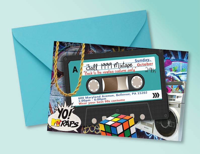 May include: A teal and black cassette tape with a gold chain around it. The tape has the text "Fall 1999 Mixtape" and "Back to the nineties costume party". The text "Sunday, October 29th" is written in black marker. The text "600 Maryland Avenue, Bellevue, PA 15202" is written in white. The text "1:00pm - 6:00pm" is written in white. The text "Wear your best 90s costume" is written in white. A Rubik's Cube is in the bottom left corner. A boombox is in the background.