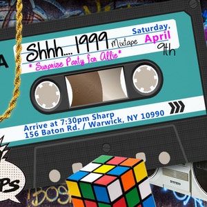 May include: A blue and black cassette tape with the text "Shh... 1999 Mixtape* Surprise Party for Allie* Saturday, April 9th" and "Arrive at 7:30pm Sharp 156 Baton Rd. / Warwick, NY 10990".