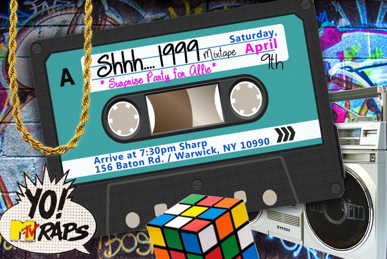 May include: A blue and black cassette tape with the text "Shh... 1999 Mixtape* Surprise Party for Allie* Saturday, April 9th" and "Arrive at 7:30pm Sharp 156 Baton Rd. / Warwick, NY 10990".