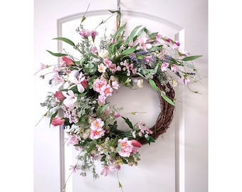 Pink Floral Wreath, Spring Wreath, Wreath for Front Door, French Countryside Wreath, Farmhouse Wreath, Summer Wreath