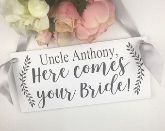 Here Comes Your Bride Sign-Rustic Here Comes Your Bride Uncle Sign-12"x 5.5" Wood Sign-White Wedding Sign-White Sign