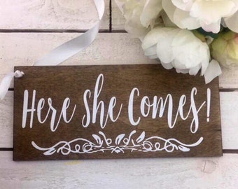 Here She Comes Wedding Sign-12"x 5.5" Rustic Sign-Ring Bearer Sign-Flower Girl Wedding Sign-Country Chic Wedding Sign