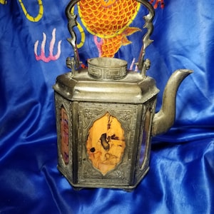Vintage Chinese Pewter Teapot hand painted glass panels Qing Dynasty
