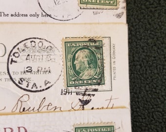 3) 1900's 1 cent Franklin Stamp on Vintage Postcard  (OBO)