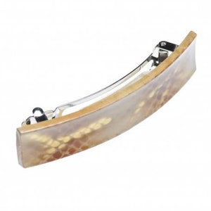 May include: A brown and gold hair clip with a textured pattern. The clip is made of plastic and has a metal bar.