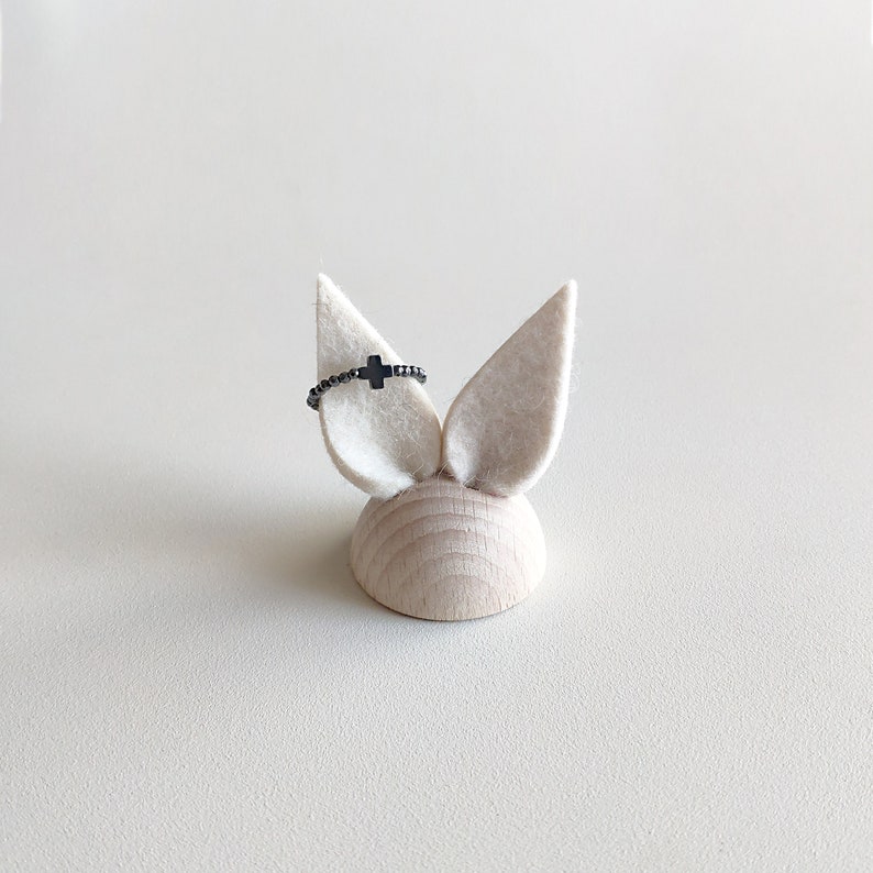 Soft Jewelry Organizer, a Ring Holder Bunny with Wool Felt Soft Ears and Rounded Wooden Base, Handmade with Love by FELTinPOP image 9