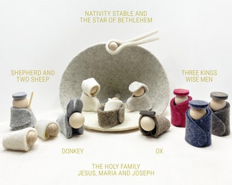 May include: A felt nativity set with a gray stable, a brown manger, and figures of the Holy Family, three wise men, a shepherd, two sheep, a donkey, and an ox. The text "COMPLETE NATIVITY SET" is at the top of the image. The text "NATIVITY STABLE AND THE STAR OF BETHLEHEM" is in the middle of the image. The text "SHEPHERD AND TWO SHEEP" is on the left side of the image. The text "DONKEY" is below the donkey figure. The text "THE HOLY FAMILY JESUS, MARIA AND JOSEPH" is below the manger. The text "OX" is below the ox figure. The text "THREE KINGS WISE MEN" is on the right side of the image.