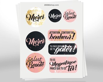 May include: A sheet of stickers with various French phrases in black and gold script on pink and black backgrounds. Phrases include "Merci", "Salut Beauté", and "Attention contient du bonheur!". The website address "zookishop.com" is at the top.