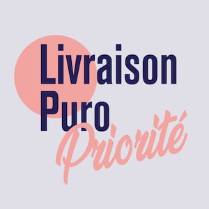 May include: A pink circle with the text "Livraison Puro" in navy blue, and the text "Priorité" in pink cursive.