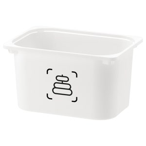 May include: White plastic storage bin with a black outline of a stack of circles on the front.