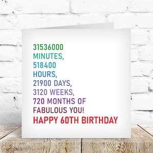 May include: A white card with a colorful text message that reads "31536000 MINUTES, 518400 HOURS, 21900 DAYS, 3120 WEEKS, 720 MONTHS OF FABULOUS YOU! HAPPY 60TH BIRTHDAY".
