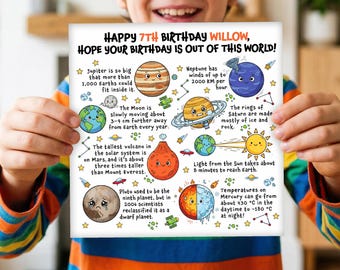 Personalised 7th birthday card girl boy seven son daughter niece nephew grandson granddaughter cool science facts outer space planets
