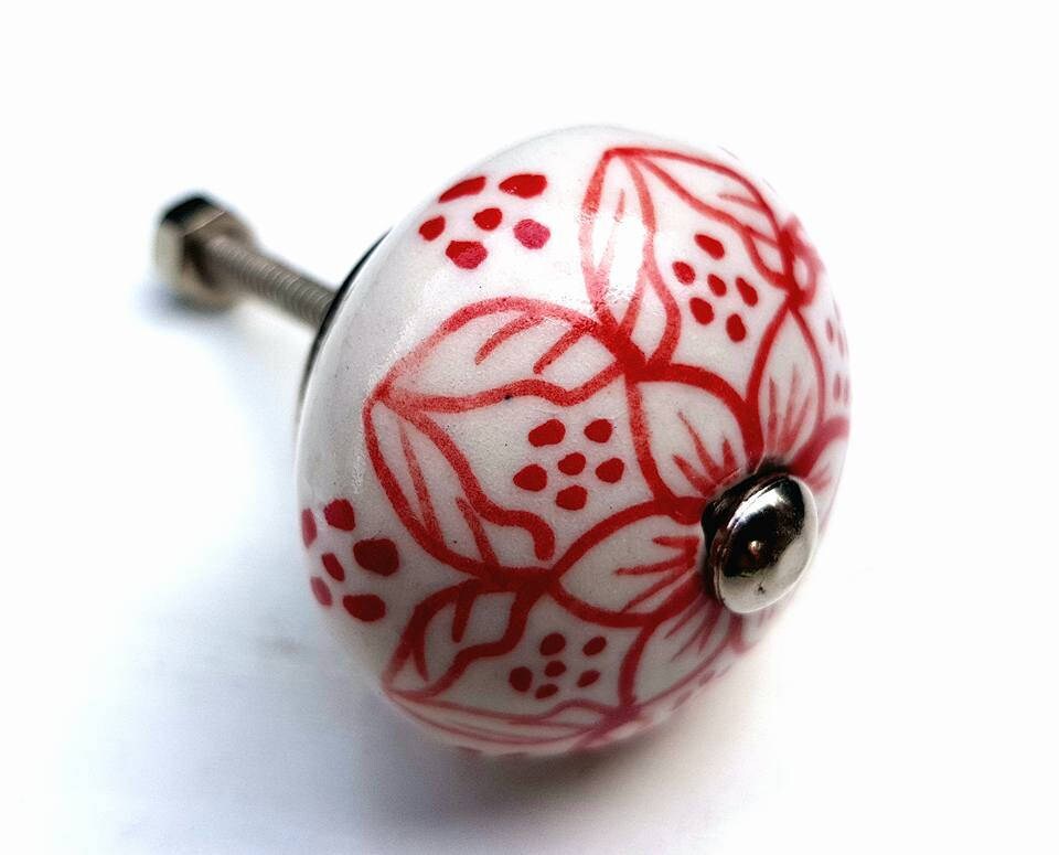 Vintage Ceramic Door / Drawer Knob Intricate Red and White Etsy
