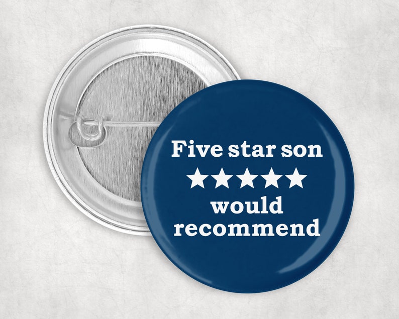 May include: A blue button with white text that reads "Five star son would recommend" and five white stars.