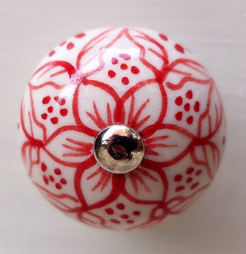 Vintage Ceramic Door / Drawer Knob Intricate Red and White Etsy