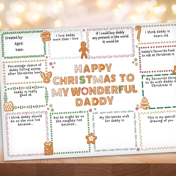 Carte de Noël/impression pour papa papa - Souvenir de remplir les blancs joli cadeau de son fils ou de sa fille, capsule temporelle de voeux unique spéciale de Noël
