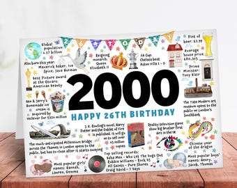 26th Birthday Card, Born in 2000 keepsake son daughter brother sister niece nephew godson goddaughter