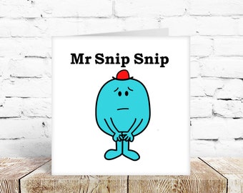 Funny Mr Men inspired Vasectomy card snip snipped shooting blanks male banter health sperm get well soon man