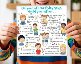 Personalised 6th birthday card Would you rather? girl boy six sixth son daughter niece nephew grandson granddaughter cool facts gross funny